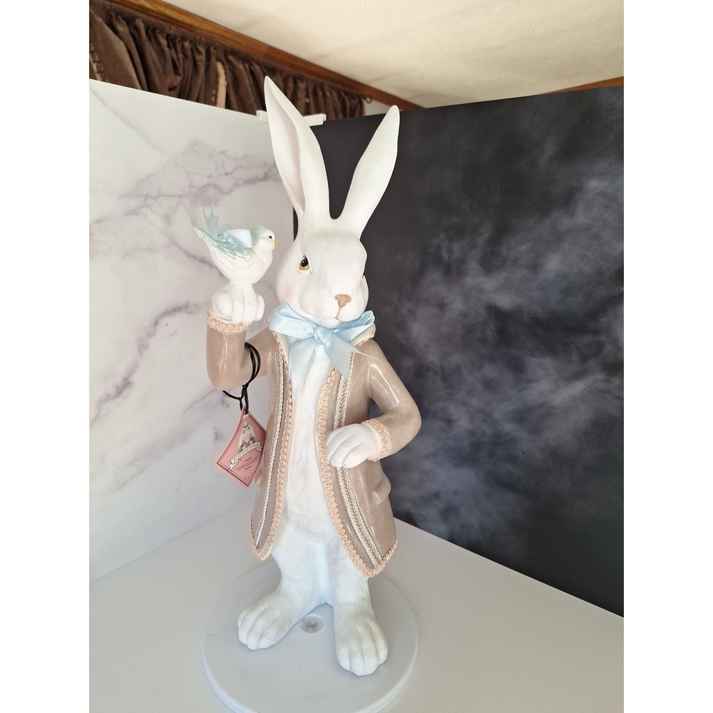Tophat & Tail 21in Dapper Victorian White Rabbit with Bird Chic Easter Decor NEW